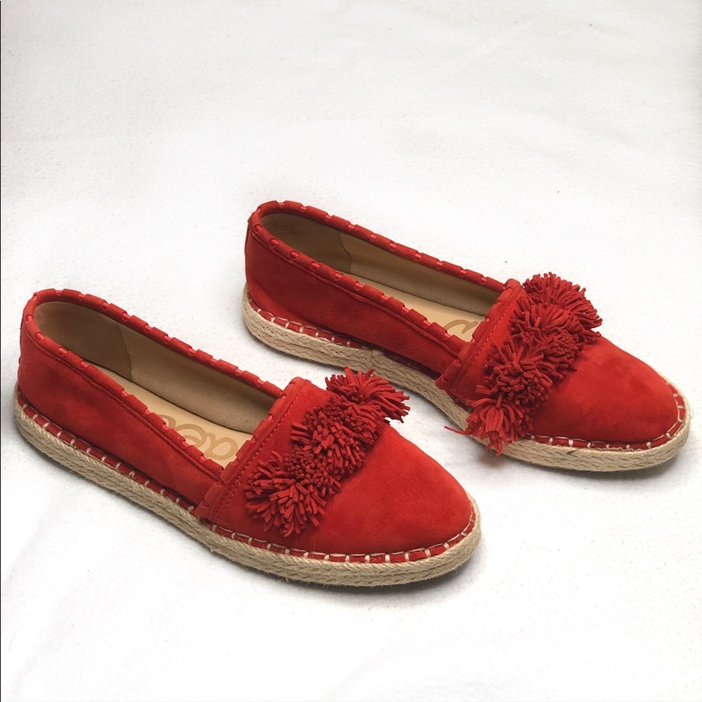Sam Edelman Red Faux Suede Pom Pom Loafers - Sz 9